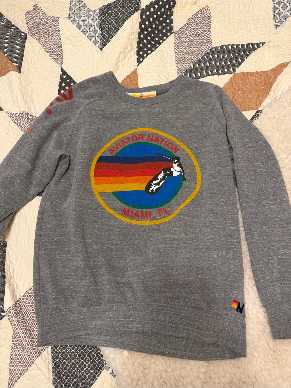 Aviator Nation Gray Crewneck Sweatshirt with Rainbow Logo